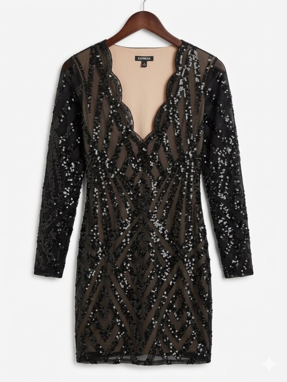 Express Black Sequin Scalloped V-Neck Long Sleeve Bodycon Mini Dress Nude Lining